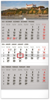 Kalendár - Nástenný kalendár 3-mesačný Bratislava šedý – so slovenskými menami 2024, 29,5 × 43 cm