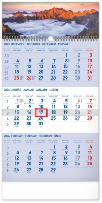 Kalendár - Nástenný kalendár 3-mesačný Tatry modrý – so slovenskými menami 2024, 29,5 × 43 cm